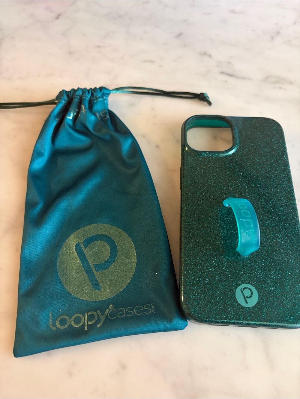iPhone Loopy phone Case Teal Glitter with Teal Loopy Grip and Matching Pouch